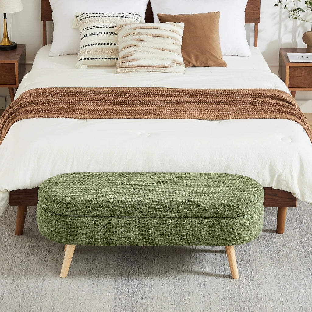 Panca contenitore 110 cm in chenille verde, struttura MDF robusta, con vano portaoggetti e fori di ventilazione