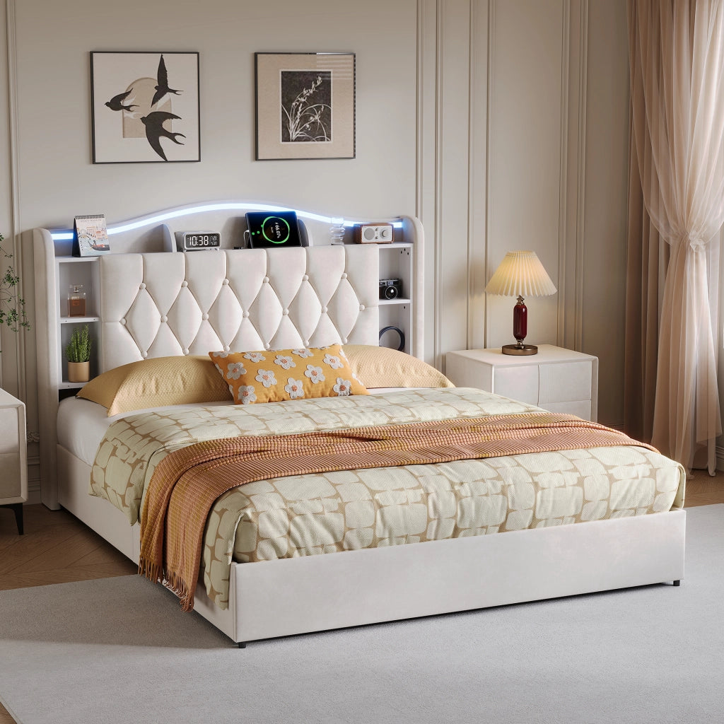 Letto una piazza e mezza 140x200 cm con contenitore LED RGB USB testiera rete a doghe velluto metallo legno - beige