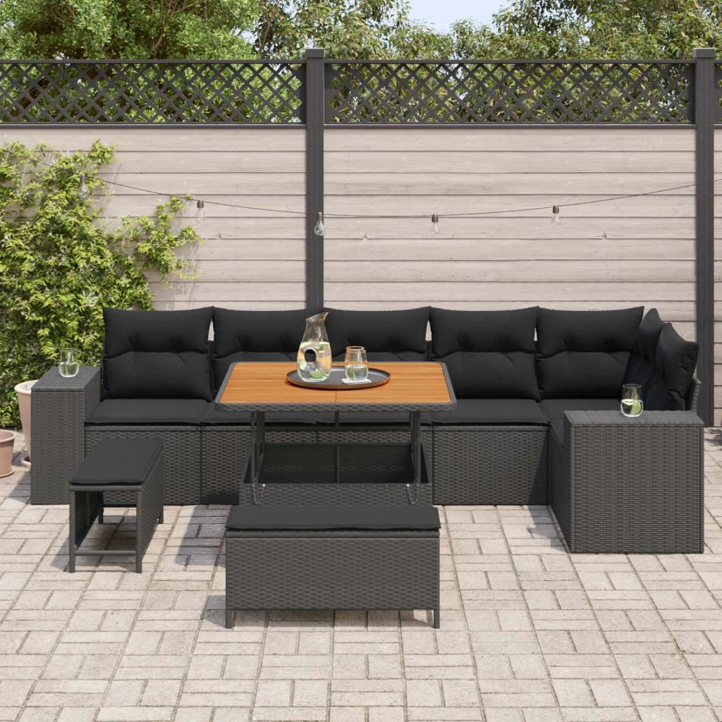 Set Divano da Giardino con cuscino 9 pcs Nero polyrattan