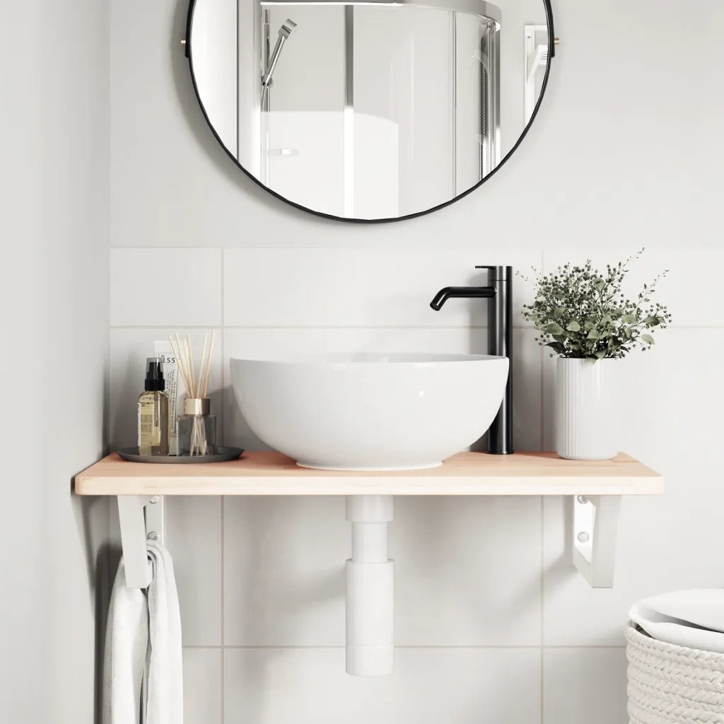 Ripiano a Parete per Lavabo-Mensole a Muro in Acciaio e Massello di Rovere 550331