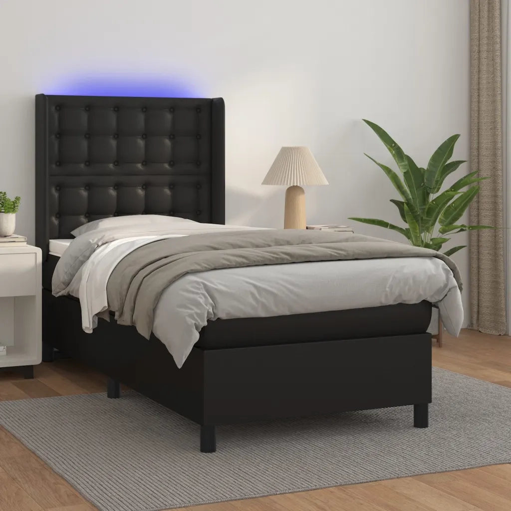 Letto singolo | Letto per adulti | Giroletto a Molle con Materasso e LED Nero 90x190 cm Similpelle