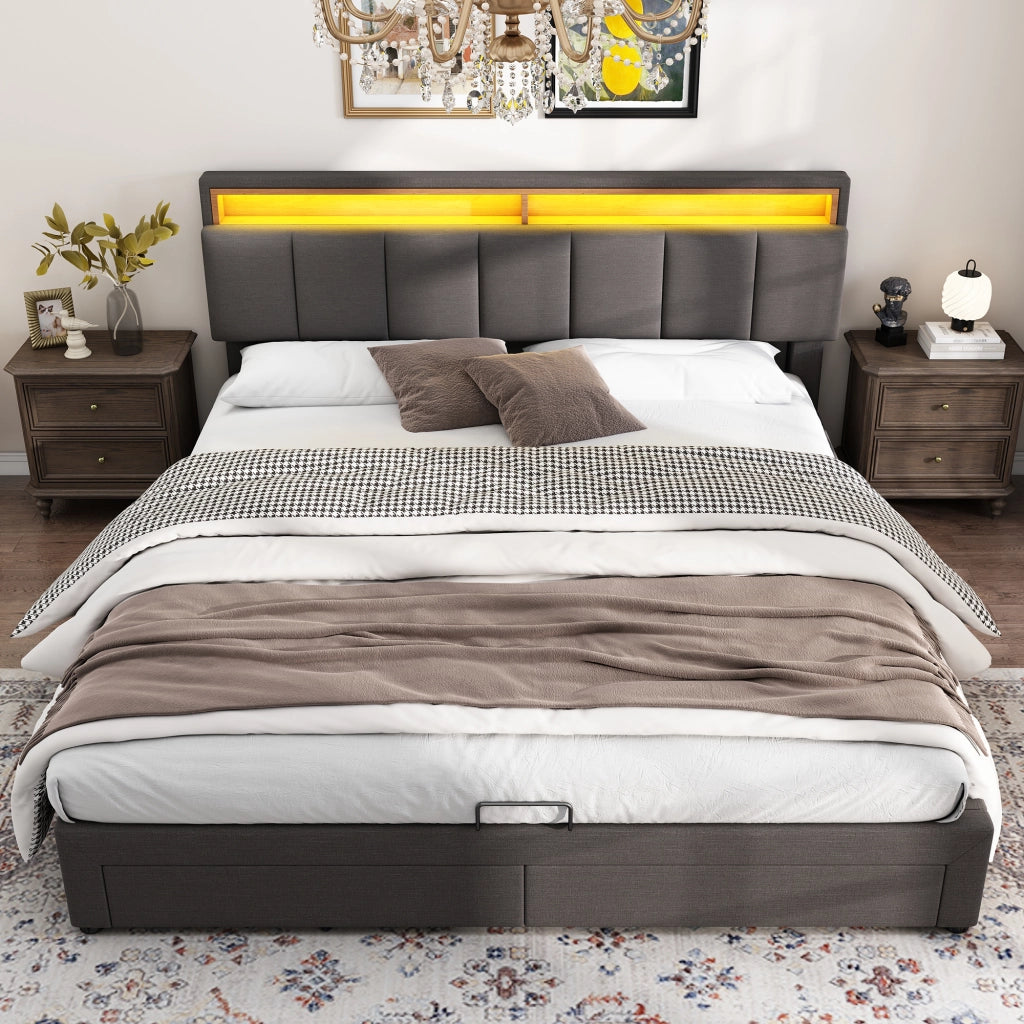 Letto contenitore 160×200 cm; letto matrimoniale con LED; spazio sotto il letto; senza materasso; in acciaio; grigio scuro