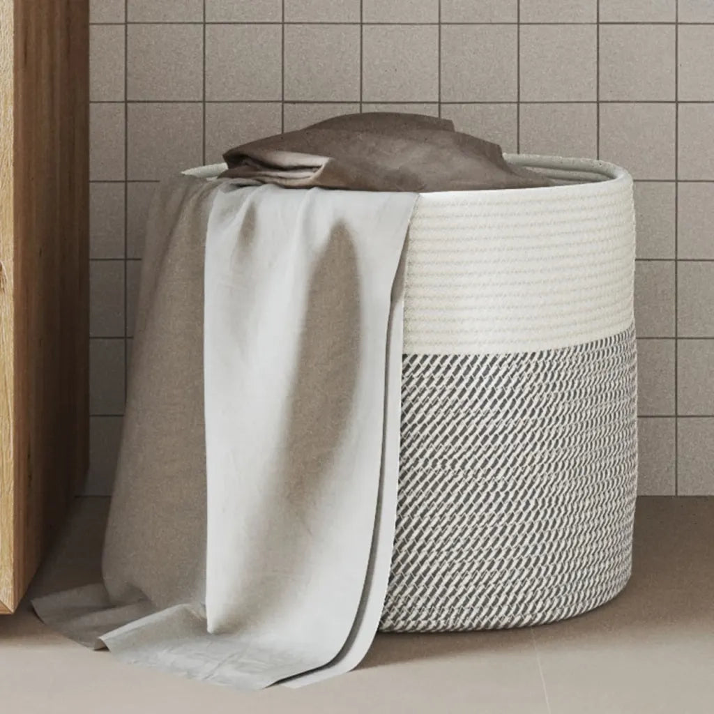 Cestino Portaoggetti Grigio e Bianco Ø40x35 cm in Cotone 358466
