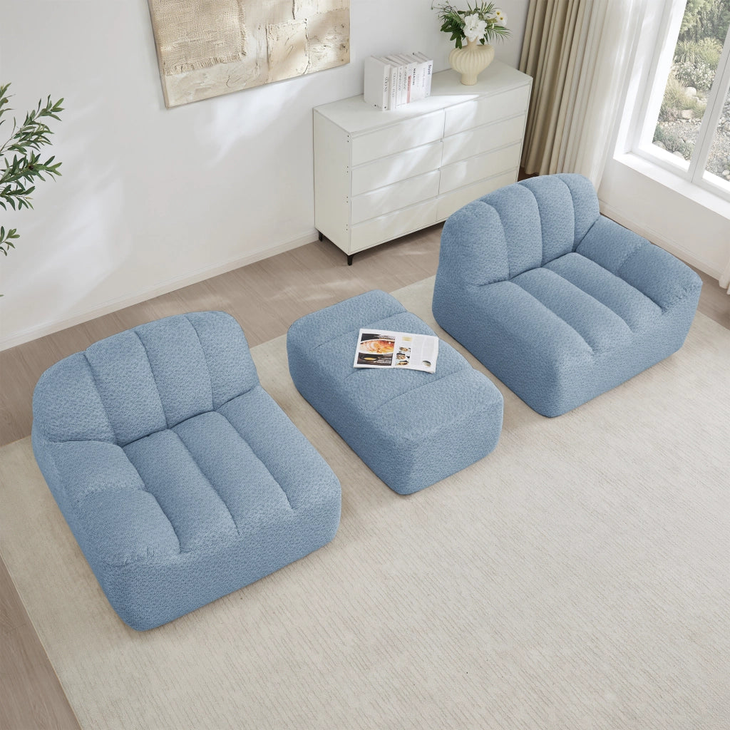 Divano modulare angolare 2 posti - con pouf e seduta ampia - in pile granulato blu
