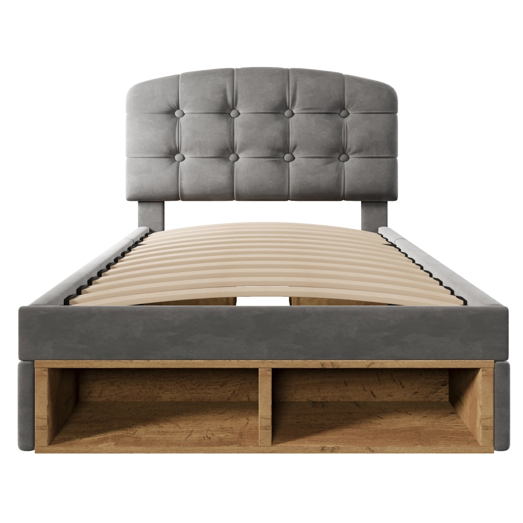 Letto Singolo Imbottito con Cassetti ¨C MINIMAL ¨C Velluto Grigio, 90x200, Testiera Regolabile