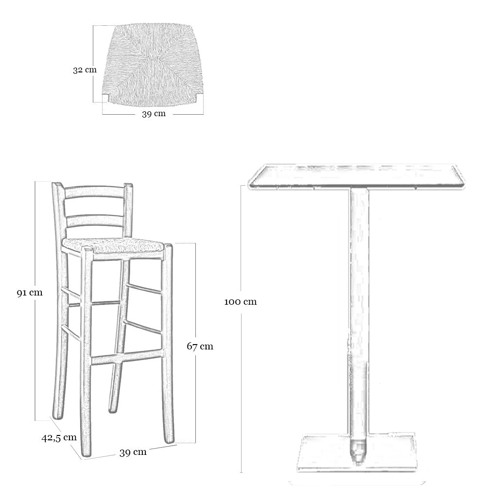 Sgabello snek in legno con seduta in paglia h 67 cm in noce scuro