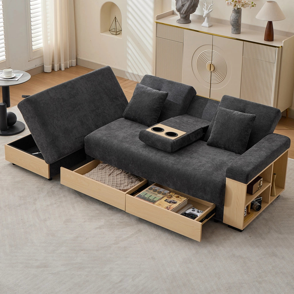 DIVANO letto 217x110x90 cm Chenille Grigio con contenitore e 2 cassetti