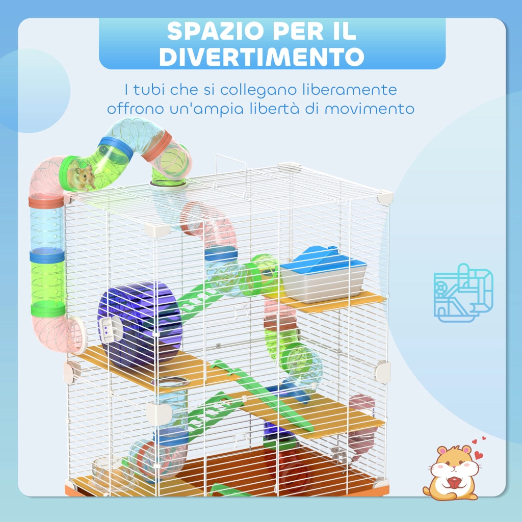 Gabbia per Criceti a 5 Livelli con Tubi, Ruota, Scale, Casetta e Bottiglia ¨C Minimal ¨C 46x30x58 cm, Arancione