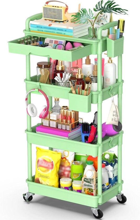 Carrello di archiviazione mobile con caricatore per cucina, bagno, ufficio e salotto - Carrello verde a 4 livelli