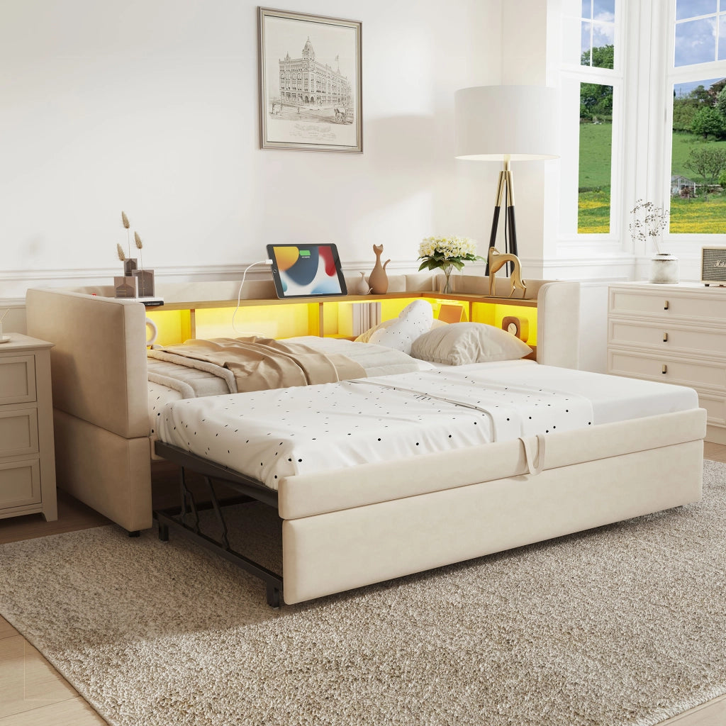 OKWISH Letto Divano Estraibile 90×190 cm e 180×190 cm, Letto Singolo con LED Regolabile, Prese e Scomparti, senza Materasso, Beige