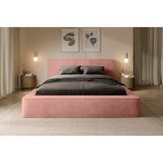 Lettino con contenitore VELORA – Corallo – 140x200 cm – Tessuto velluto morbido – Rete sollevabile – Spazio di archiviazione integrato