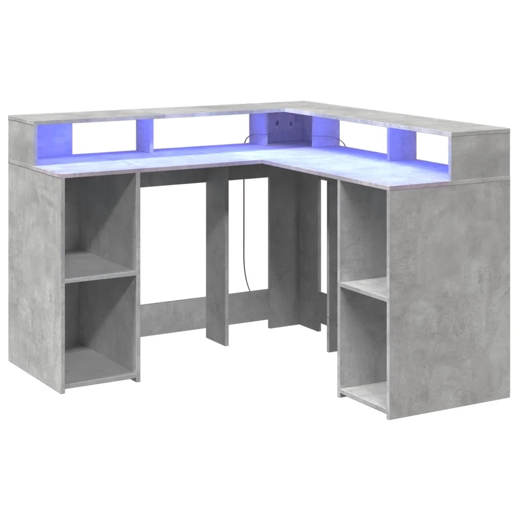 Scrivania | Tavolo da Ufficio con Luci LED Grigio Cemento 130x130x91 cm Multistrato