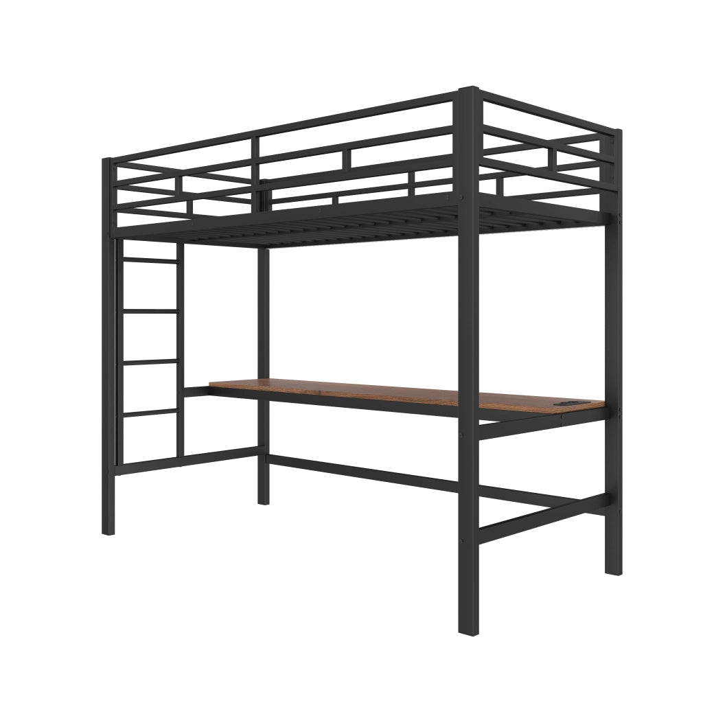 OKWISH Letto a Soppalco 90×200 cm, Letto Singolo con Scrivania, USB, Tipo-C, Presa e LED Regolabile, senza Materasso, Metallo, Nero