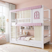 DESMIU Letto a castello bambino 90 × 200 cm 2 posti con finestre, tende, 2 cassetti, ripiani, senza materasso, bianco e rosa