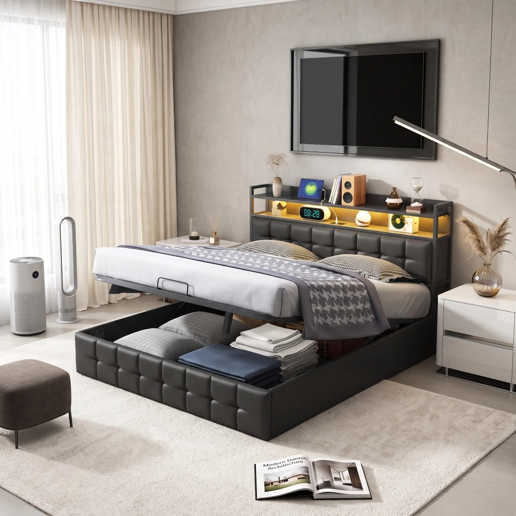 Letto matrimoniale 140x200 cm con contenitore LED USB testiera struttura letto MDF e PU - grigio