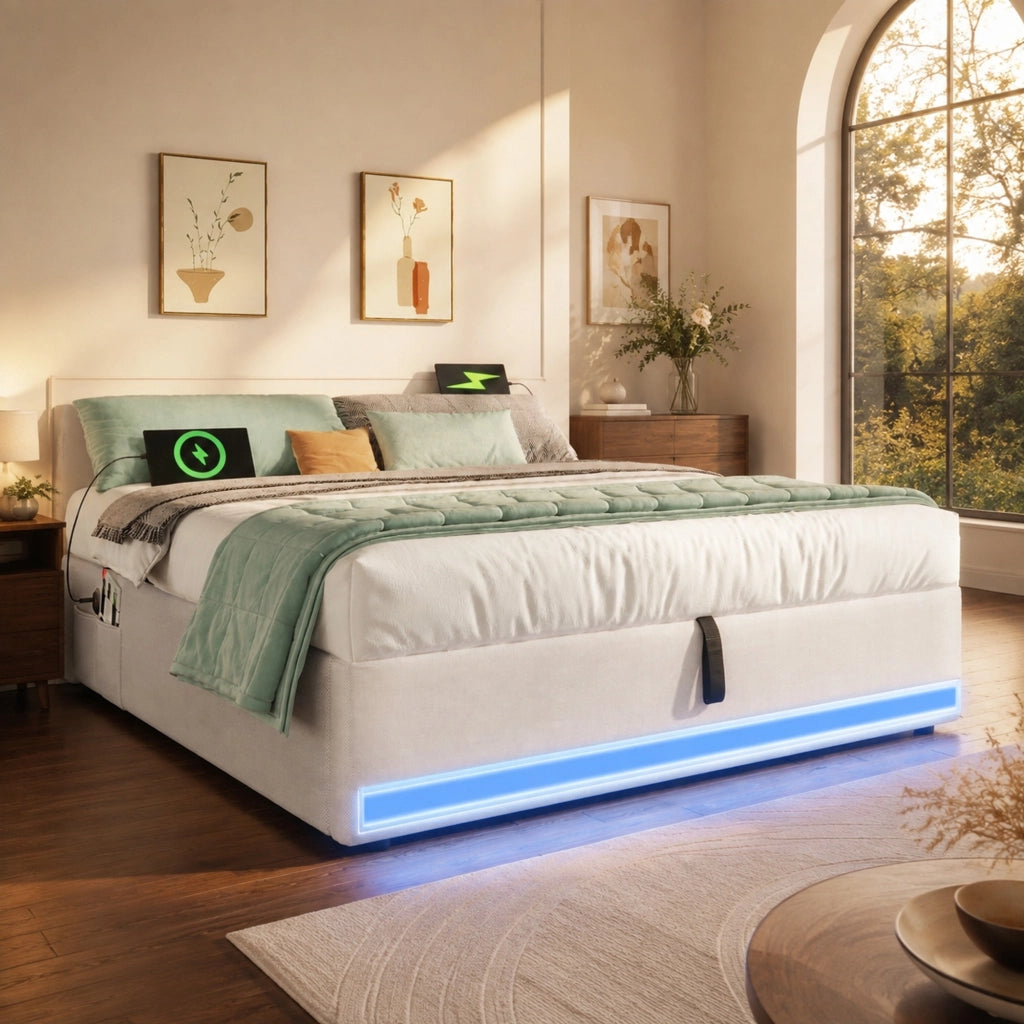 LETTO Imbottito 140x200 cm Beige in Lino con LED, USB e Type-C