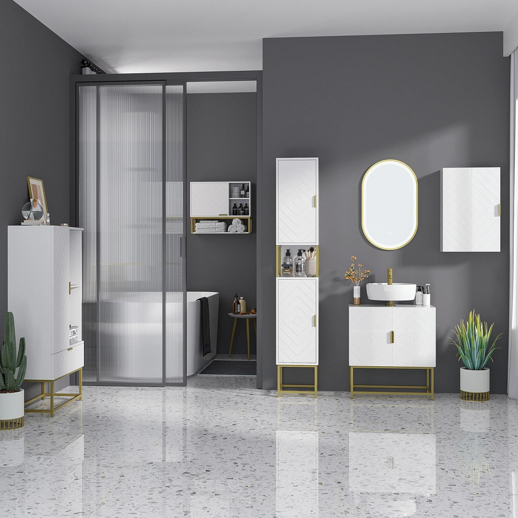 Mobile Sottolavabo Bagno con Armadietto 2 Ante ¨C Zephmum ¨C Legno e Acciaio, Bianco e Oro, 60x30x65cm