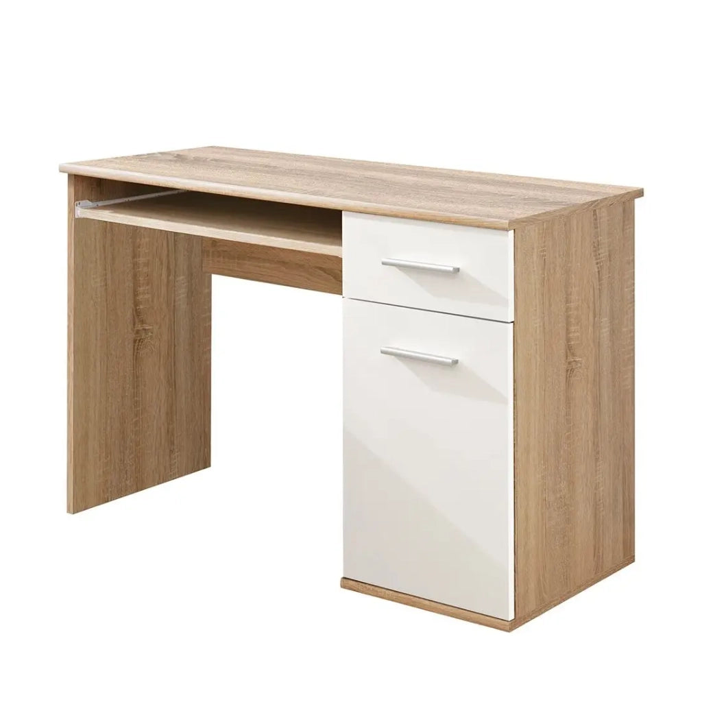 Scrivania bambino DENVER – Con cassetto, porta e scaffale scorrevole – Design in rovere e bianco