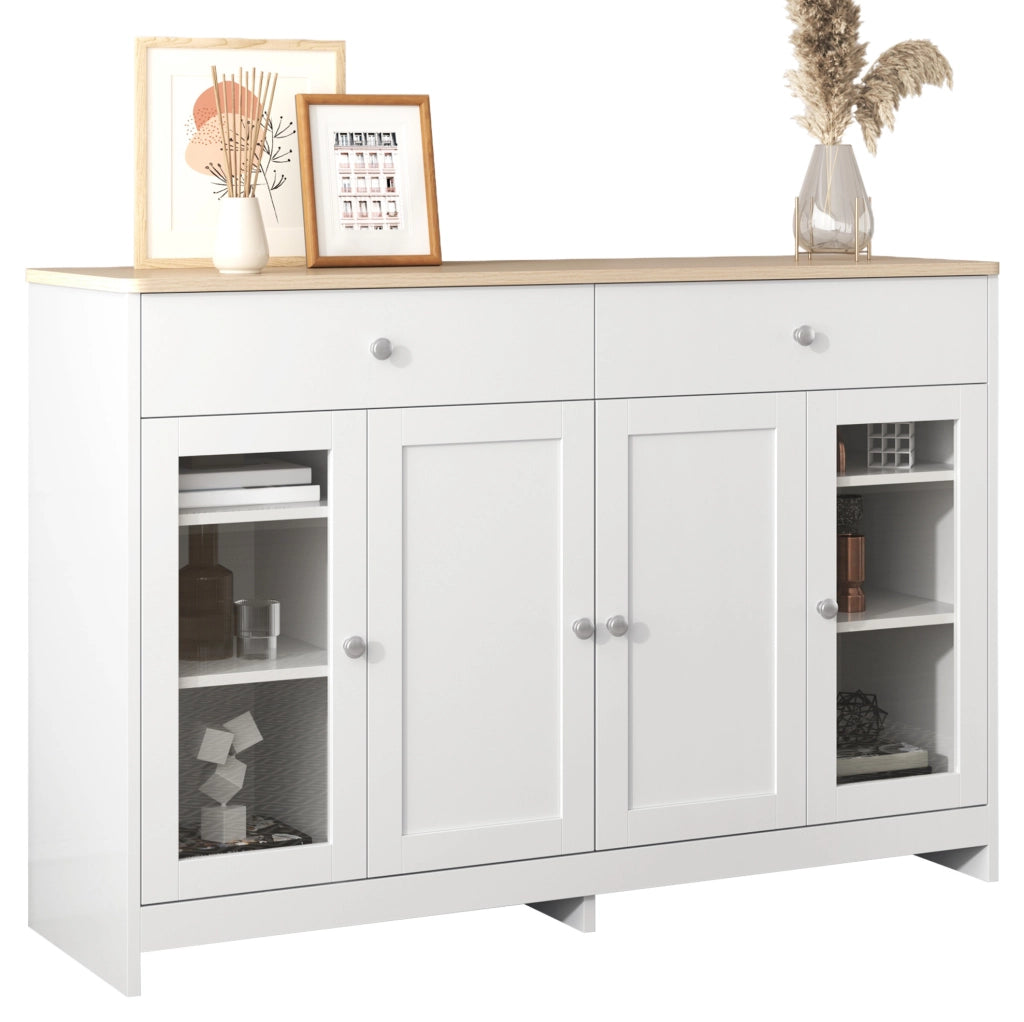 Credenza sideboard rustica 120 cm in MDF bianco e effetto legno; 2 cassetti e 4 ante