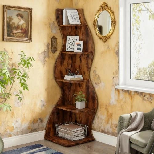 LIBRERIA ANGOLARE 5 ripiani marrone in legno