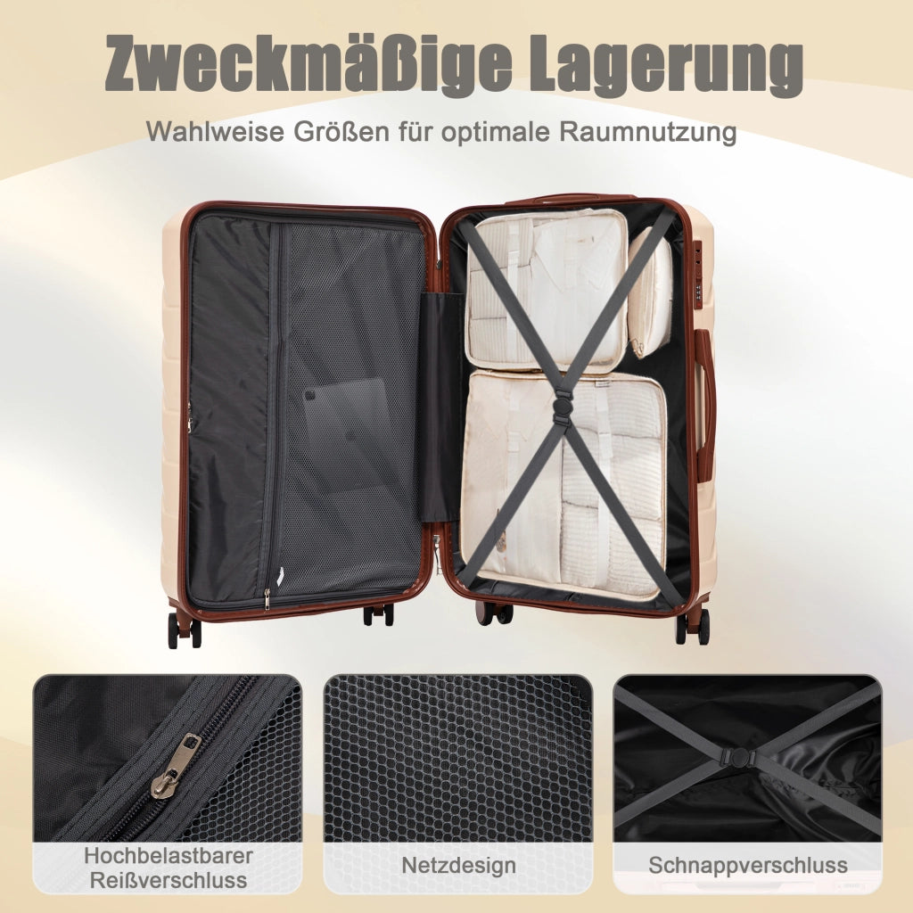 Set di 4 valigie rigide con ruote girevoli a 360 gradi e manico telescopico a 3 livelli in ABS beige con beauty case