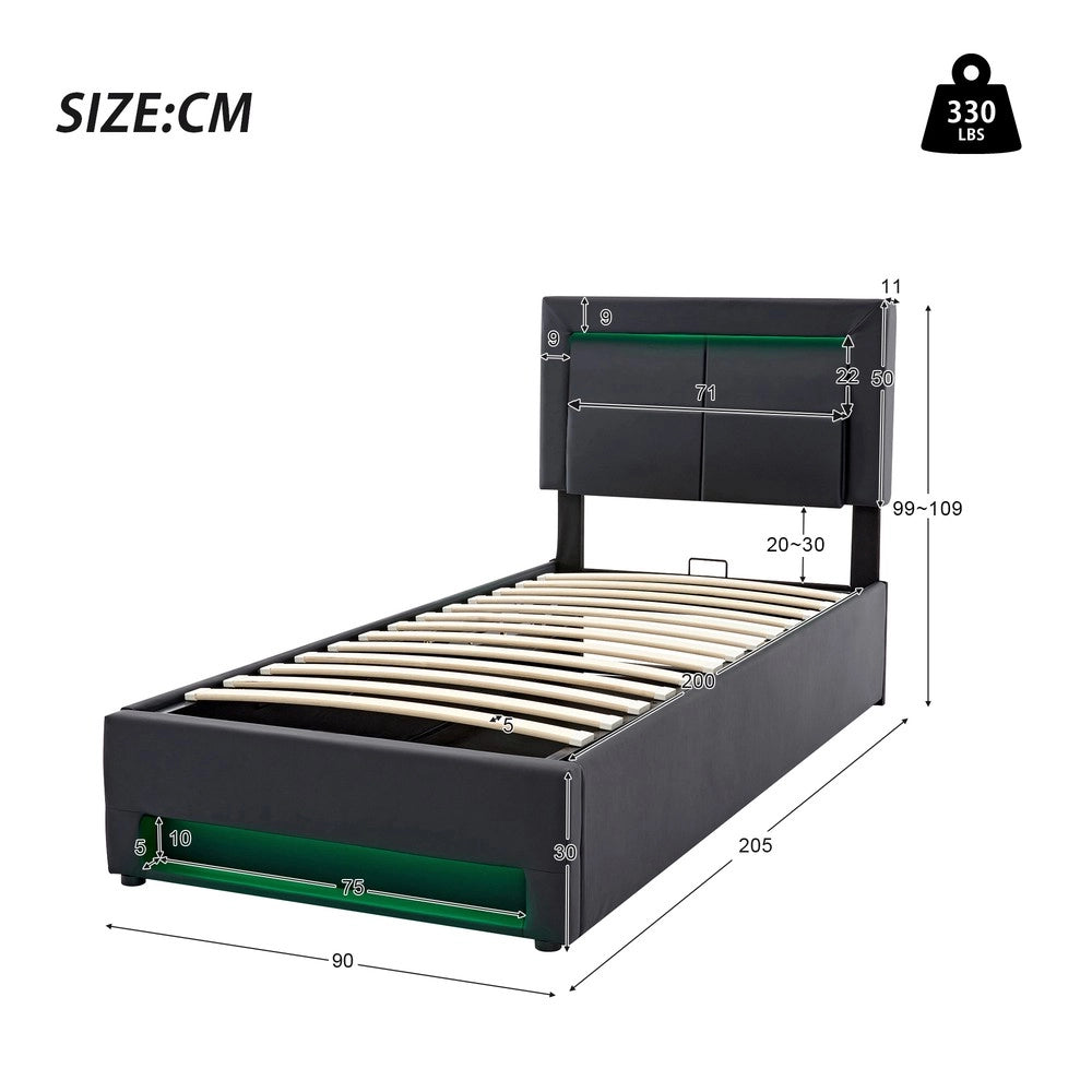 Letto Imbottito con LED e Contenitore ¨C MINIMAL ¨C 90x200, USB, Similpelle Nero