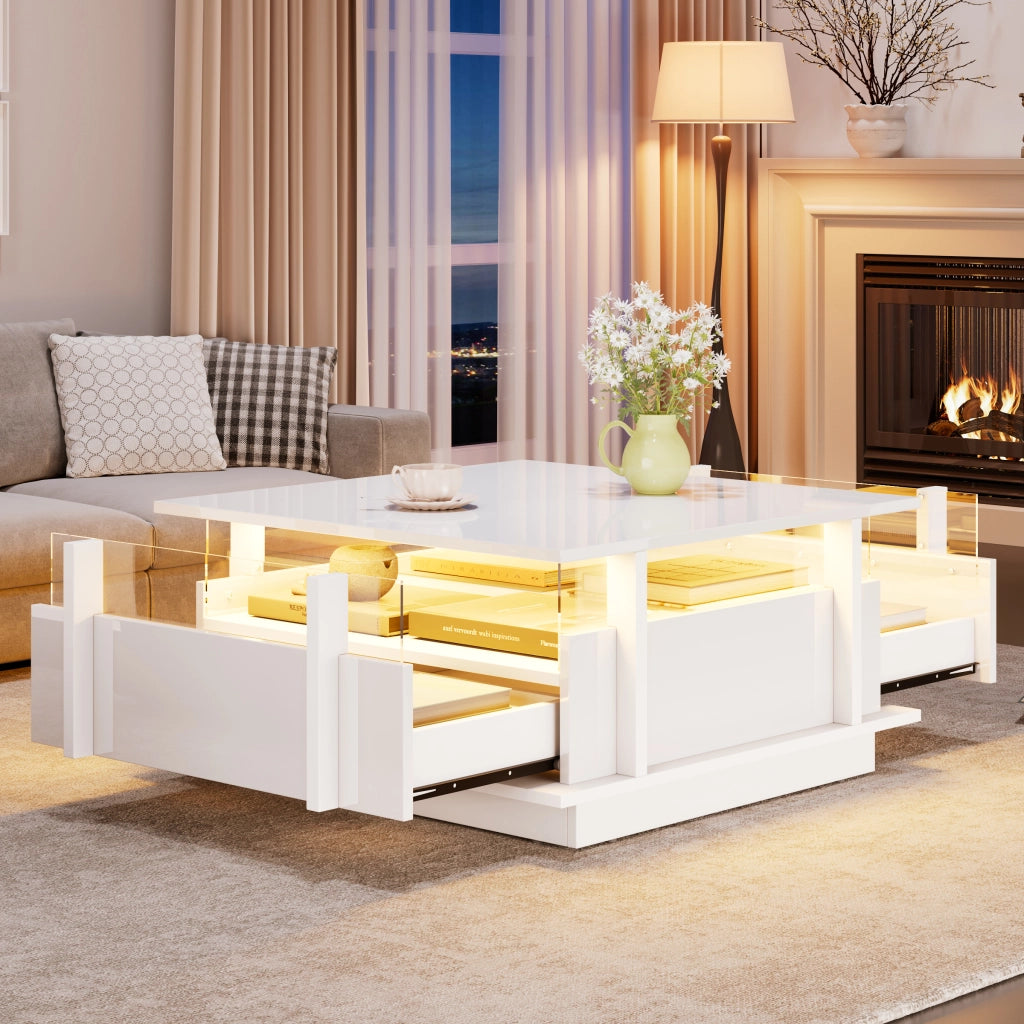 Tavolino da caffè con 2 cassetti e LED - per soggiorno - in truciolare - 70×70×35 cm - bianco