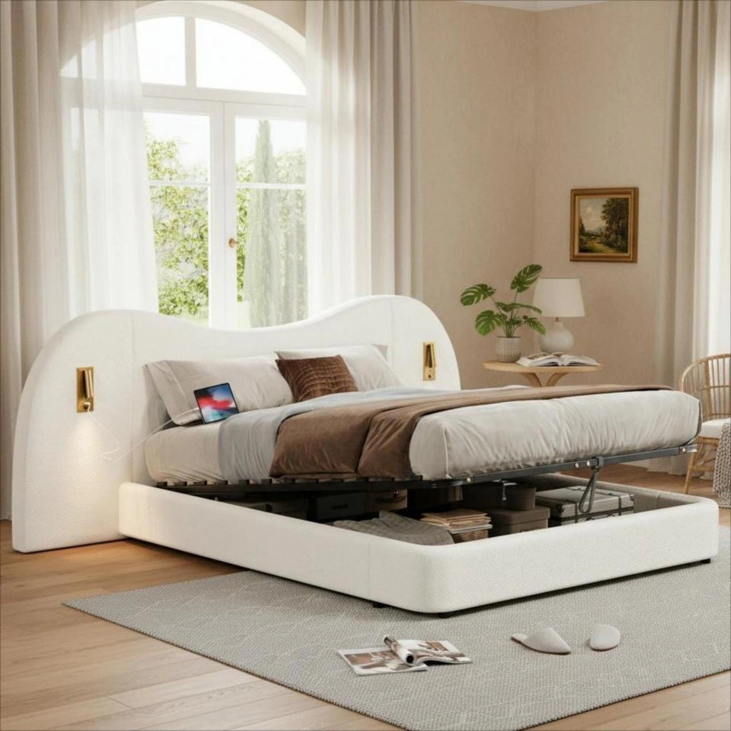 letto imbottito bouclé bianco 180 x 200 cm
