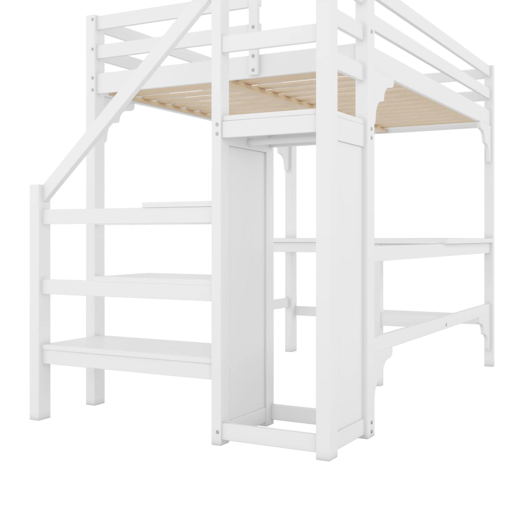 Letto a soppalco matrimoniale 140×200 cm con scrivania a L; armadio aperto e scala contenitore; bianco; senza materasso
