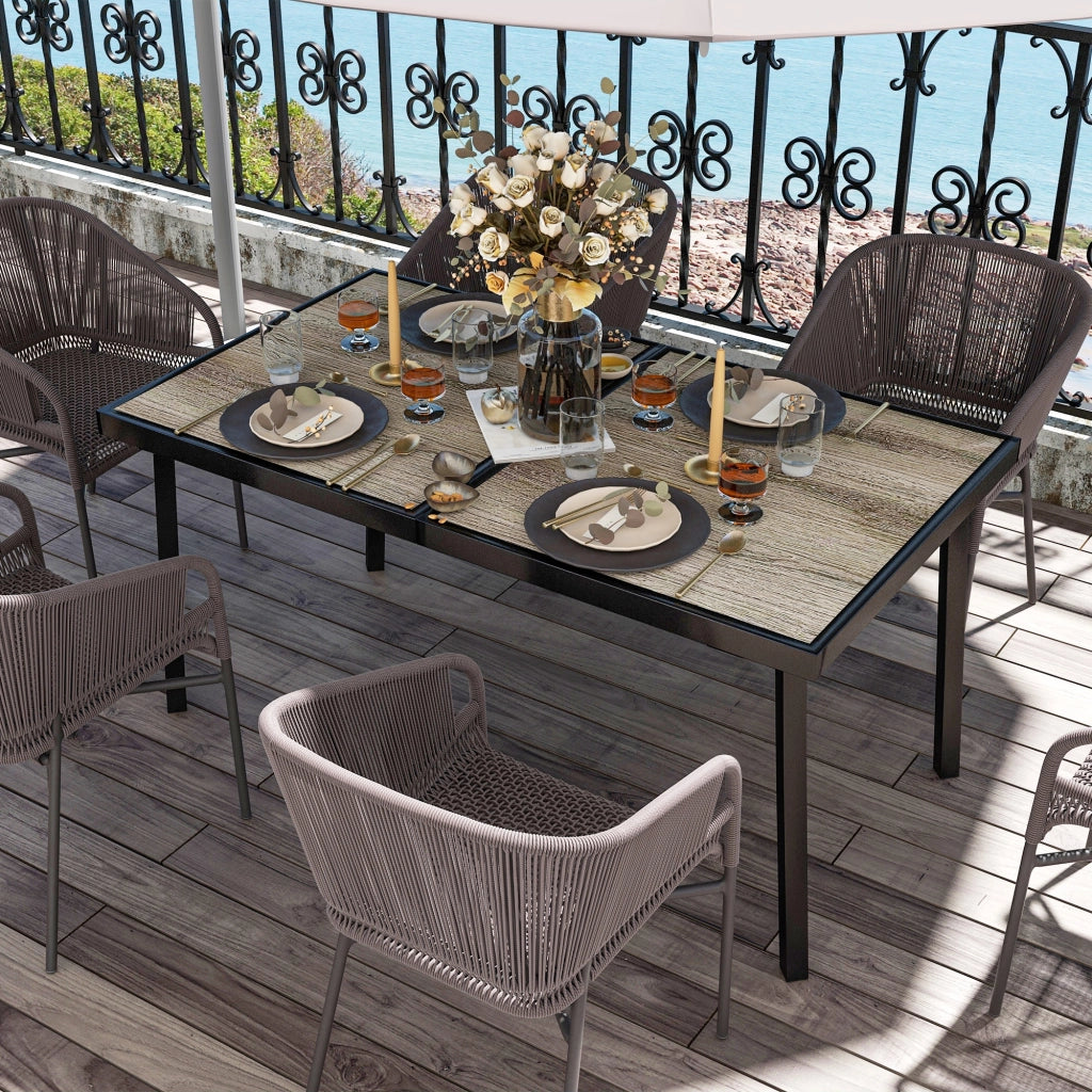 DESMIU Tavolo da Giardino Rettangolare in Acciaio con Piano Effetto Legno per 6 Persone, Grigio, 145 × 85 × 72 cm