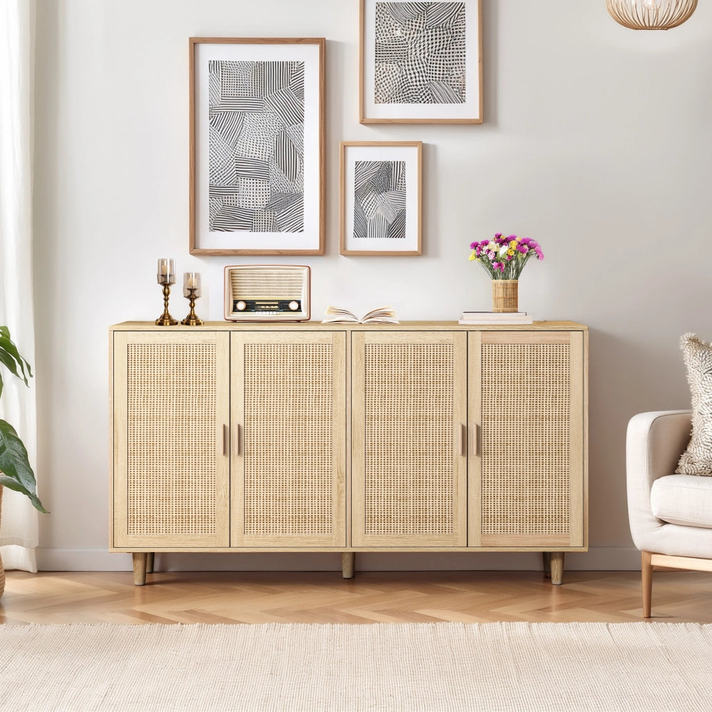 Credenza alta con 4 ante e ripiano regolabile per soggiorno in truciolare 158 x 40 x 88 cm naturale