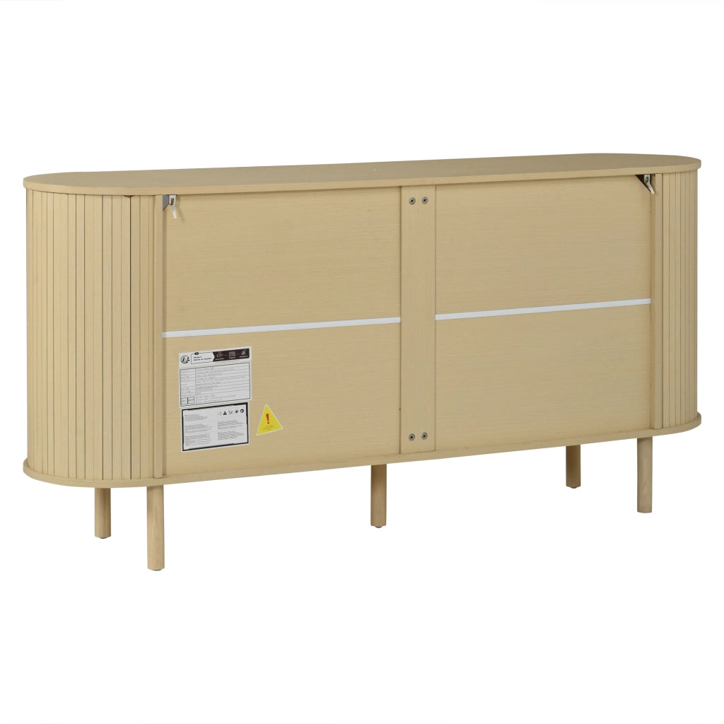 Credenza a tre ante, mobile da ingresso, ripiani a vista, gambe in legno massello, 160 x 40 x 78.5 cm, color legno naturale