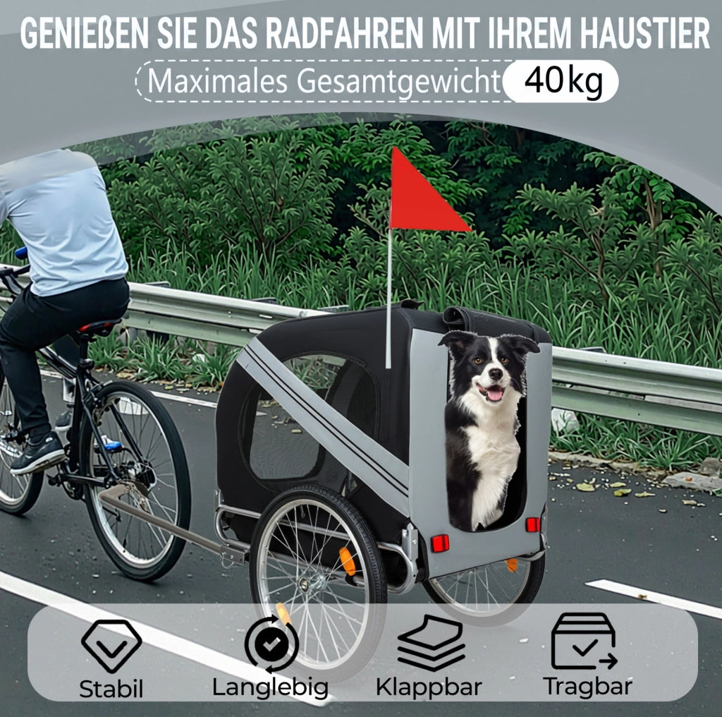 Rimorchio per bici per cani fino a 40 kg; nero e grigio; in acciaio e tessuto Oxford