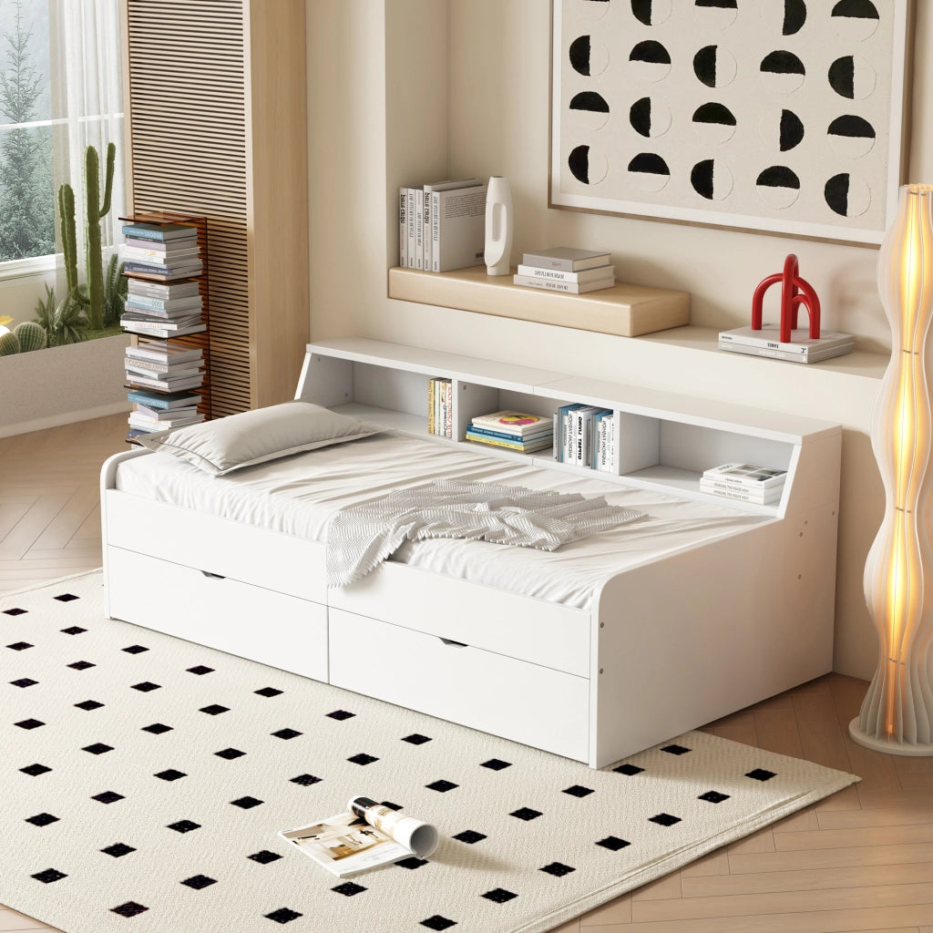 DESMIU Letto singolo 90 × 200 cm con 2 cassetti e 3 vani portaoggetti, senza materasso, in legno di pino e MDF, bianco