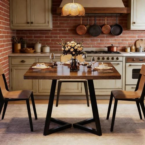 TAVOLO Quadrato 80 cm MDF e Metallo Nero Marrone Rustico