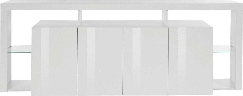 Credenza con 4 Ante e Ripiani in Vetro a Giorno 220x40x80 cm Essential 3A Bianco Lucido