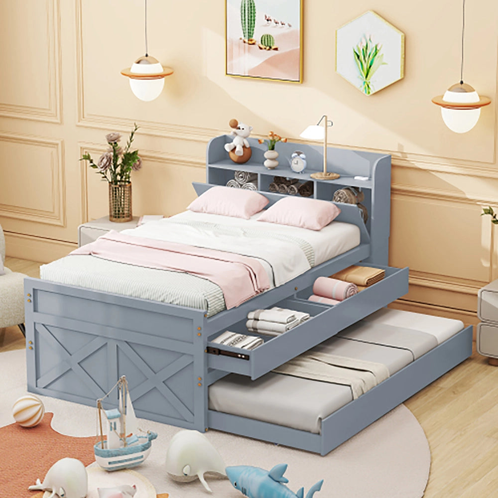 Letto singolo in legno massello di pino - Xylo - 90x190 - Grigio - 2 cassetti e USB