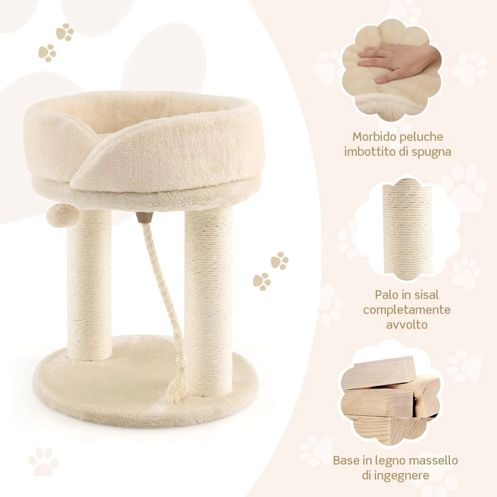 Tiragraffi per Gatti, Albero Tiragraffi Gatto con Cuccia in Peluche, Pallina, Corde e Tiragraffi in Sisal, Tiragraffi da Divano in Legno per Gatti Piccoli, 43 x 43 x 53 cm (Beige)