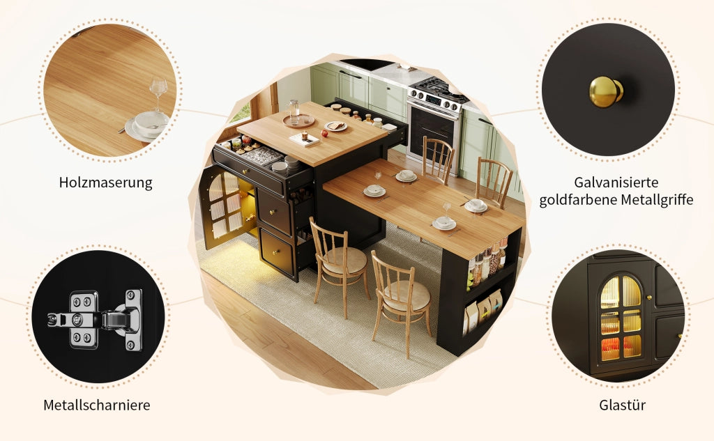 Mobile contenitore da cucina allungabile con 4 cassetti, ripiani e LED RGB, per cucina e sala da pranzo, in MDF, nero