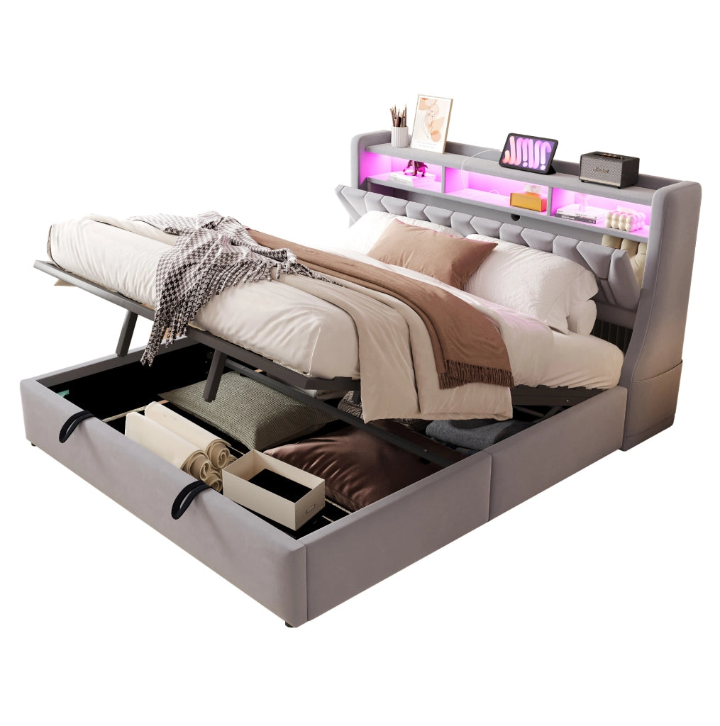 Letto contenitore imbottito 180x200 cm con LED, prese e testiera con vano