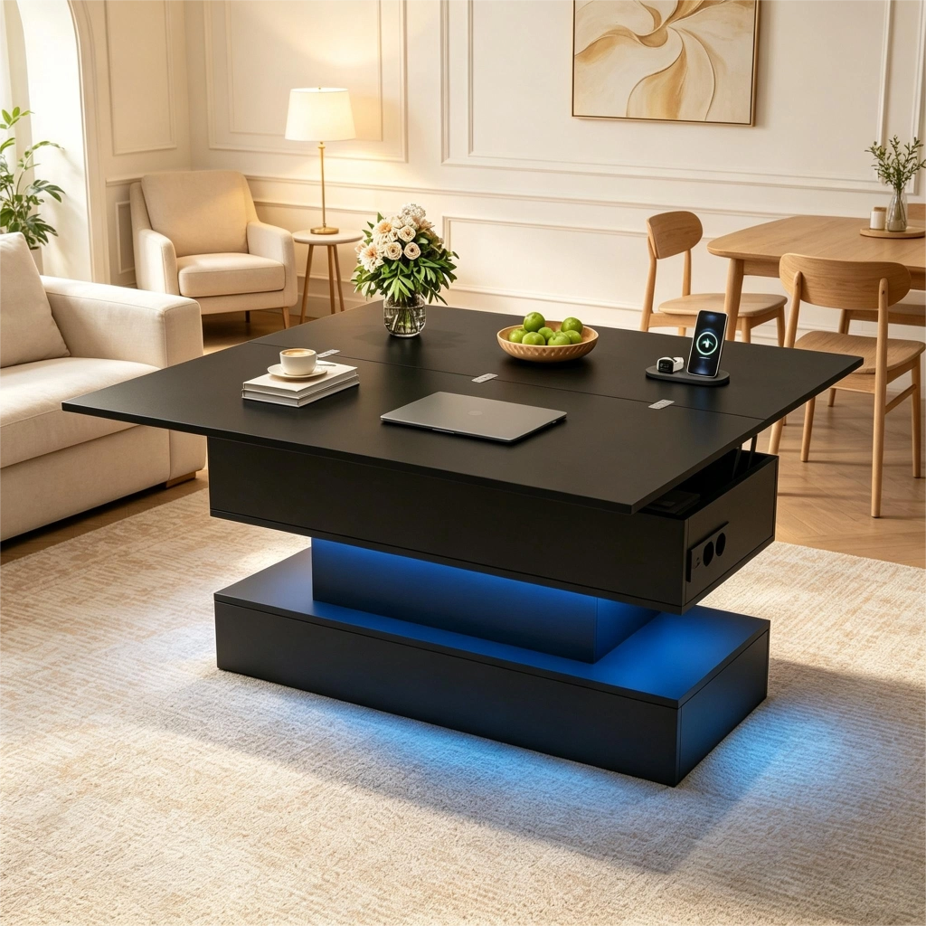 Tavolino da salotto elevabile con vano contenitore; LED e presa integrata per soggiorno; 100×50×51.5 cm