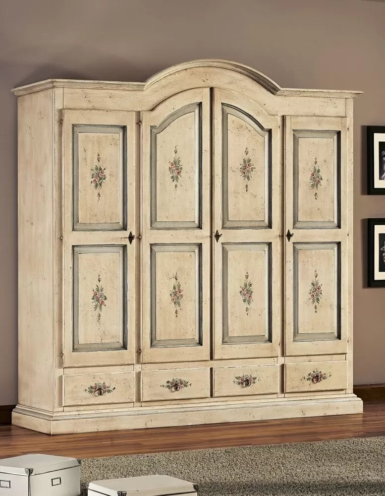 Armadio classico 4 porte avorio anticato filo azzurro legno  234x60x230 (1428) - Mobili 2G