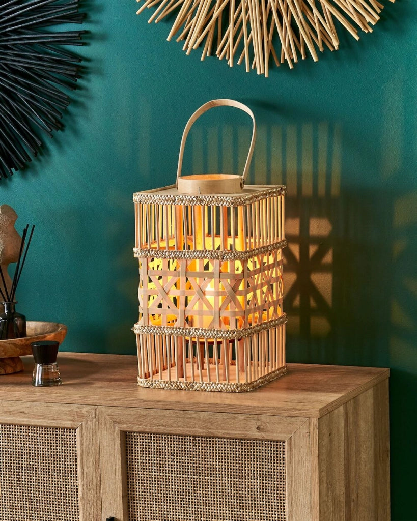 Lanterna porta candela in bambù naturale 35 cm in stile boho per interni ed esterni