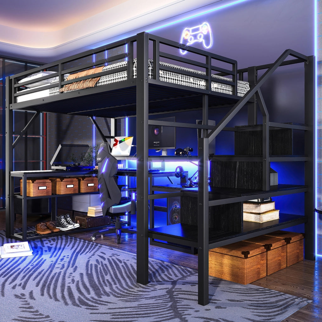 LETTO A SOPPALCO 140 x 200 cm in metallo nero con scrivania, LED e USB