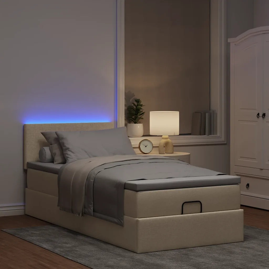 Pouf Letto con Materasso e LED Crema 90x200 cm in Tessuto 3312199