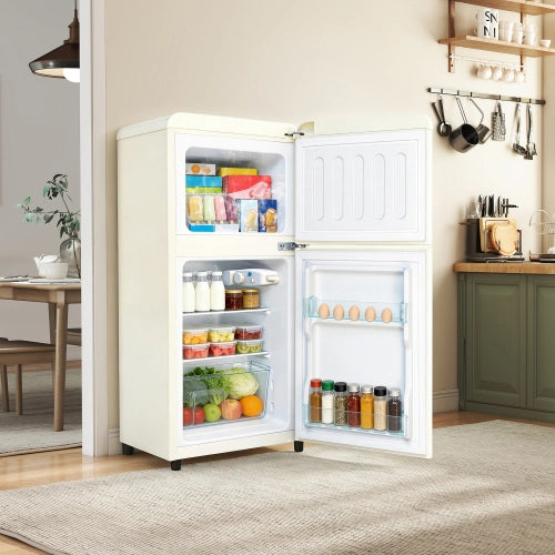 Frigorifero a doppia porta (86L) – controllo della temperatura a 7 livelli; classe di efficienza energetica E; luce a LED; ripiani regolabili e portauova – crema
