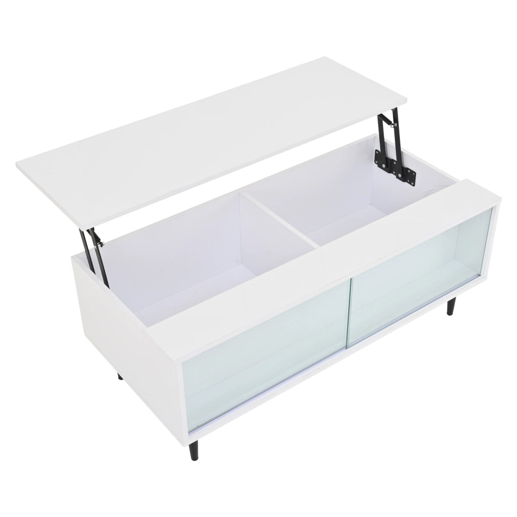 Tavolino da salotto regolabile in altezza 105 x 50 x 43 cm con LED, vani nascosti e ante scorrevoli in vetro temperato, bianco