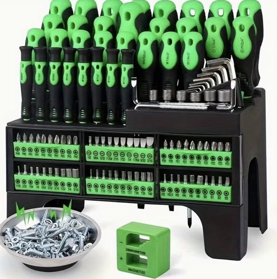 Set di attrezzi per la manutenzione domestica e DIY con contenitore in plastica per la conservazione e 118 pezzi di set di chiavi a ingranaggi magnetici.