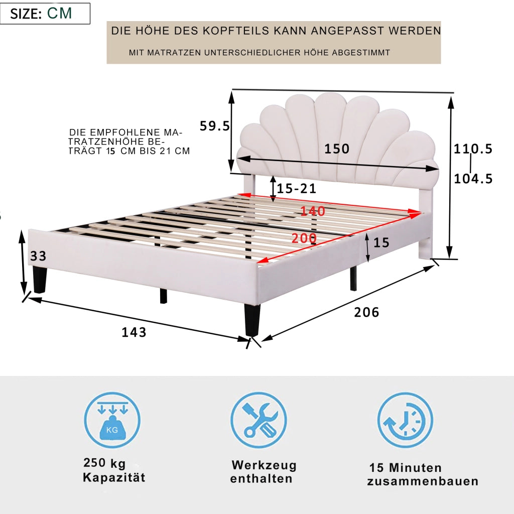 DESMIU Letto Matrimoniale 2 Posti con Testiera Floreale, Struttura Imbottita, 140 × 200 cm, Senza Materasso, Beige