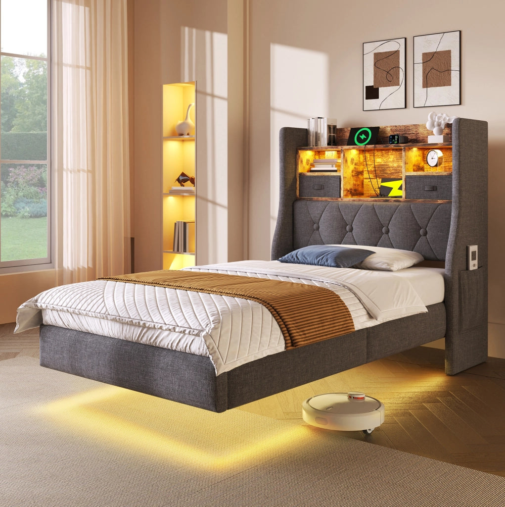 Letto singolo 90x200 cm con LED, testiera contenitiva e porte USB/Type-C
